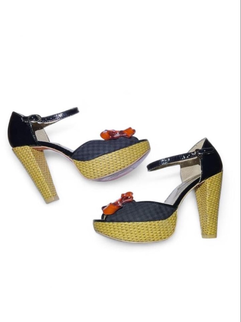 Poetic Licence Black Platform Peep-Toe Heels with Orange Flower Accent